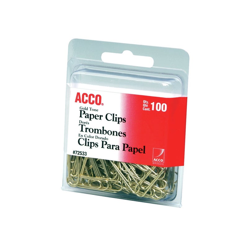 ACCO Brands Paper Clips, Regluar, # 2 Size, Smooth, Gold, 100 Clips/Box (72533) - Image 1